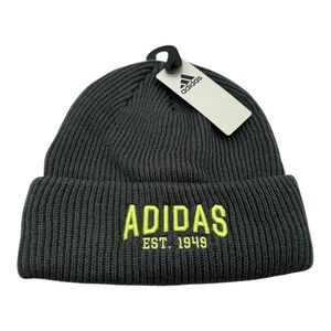 Adidas Foundation 3 In Fold Beanie Men's Gray Lime Logo Cuffed Ribbed Knit‎ Cap